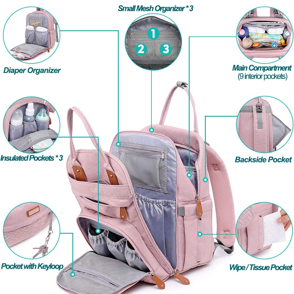 Babbleroo Diaper Bag Backpack, Nappy Changing Bags Multifunction Waterproof Travel Back Pack With Changing Pad & Stroller Straps