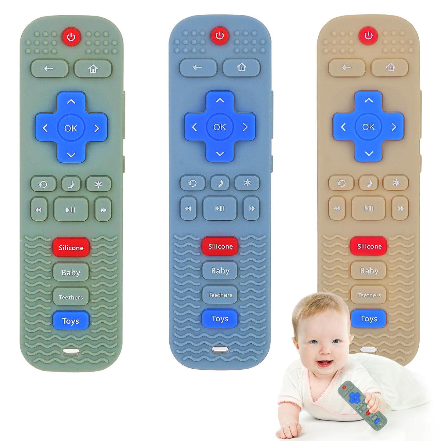 Eascrozn 3 Pack Baby Teething Toys, Silicone TV Remote Control Shape Teethers for Babies Toddler 0-24 Months Chew Toys, Teething