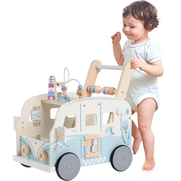 ROBOTIME Wooden Baby Walker, Baby Push Walker, Baby Activity Center Toys, Ajustable Speed Multi-Functional Baby Walker with Whee
