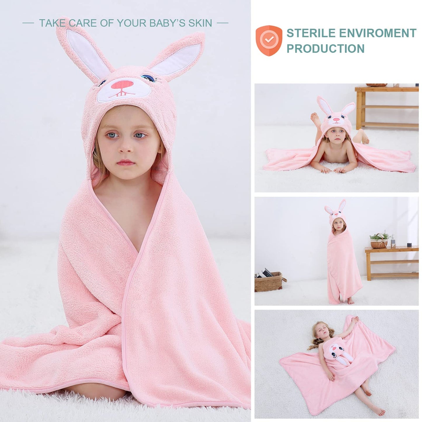 Michley Cartoon Hooded Baby Towel Unisex, Premium Soft Swimming Bathrobe Large Washcloths 27.5' X 47' For 0-7T (Rabbit)