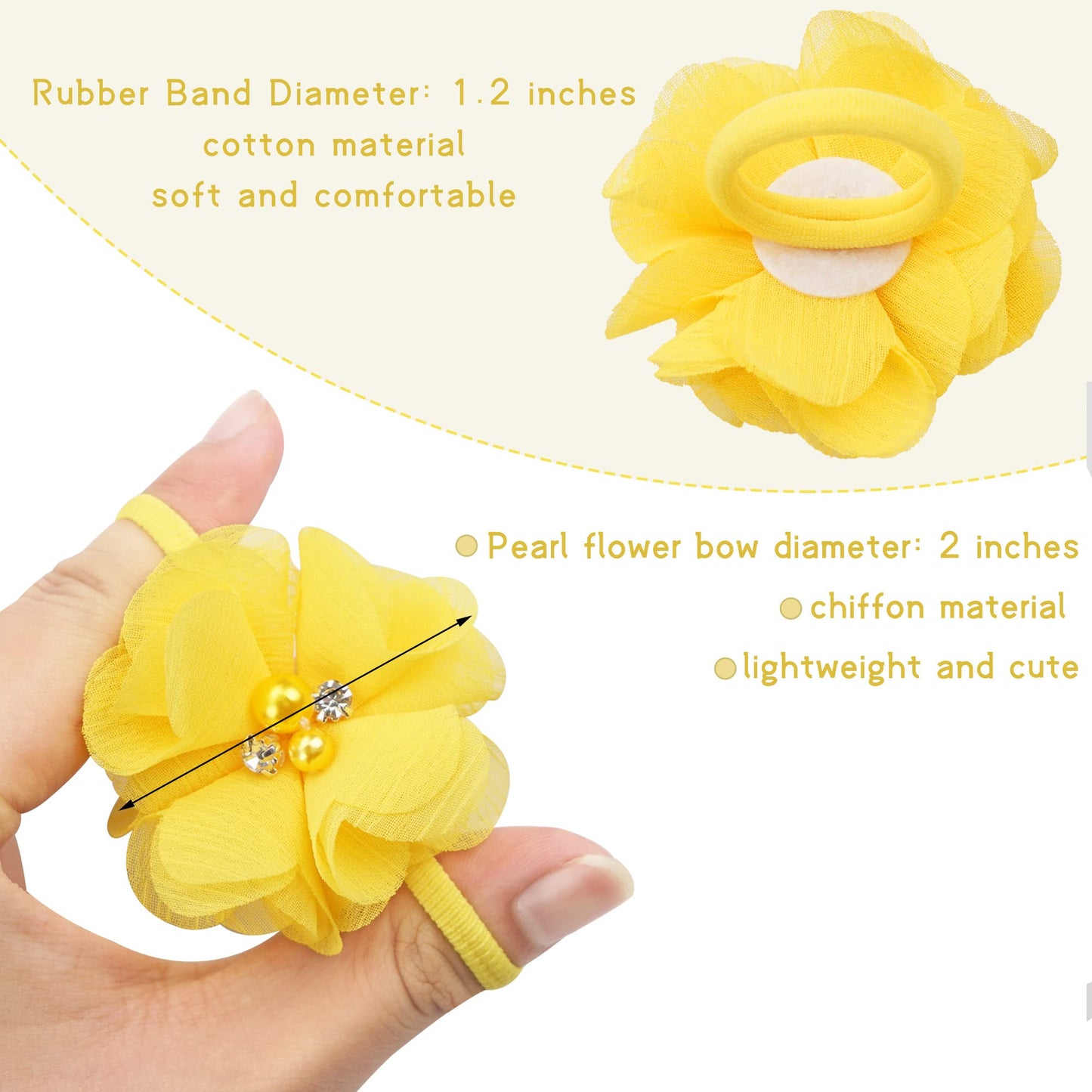 40 Pack Baby Girls Hair Accessories - 2 Inch Handmade Pearl Rhinestone Chiffon Flower Soft Elastics Ponytail Holders For Newborn