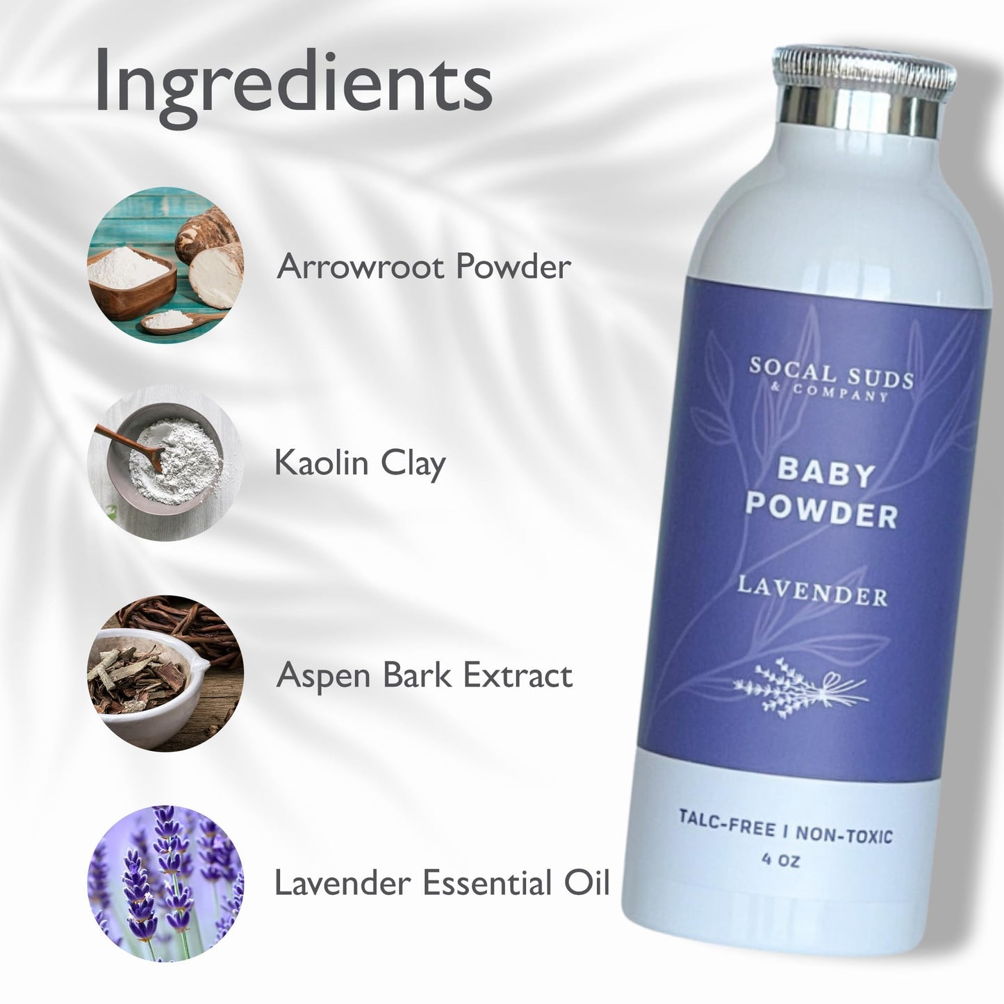 Socal Suds & Company - Natural Baby Powder Talc-Free - With Arrowroot Powder, Kaolin, Aspen Bark Extract For Soft Soothing Prote