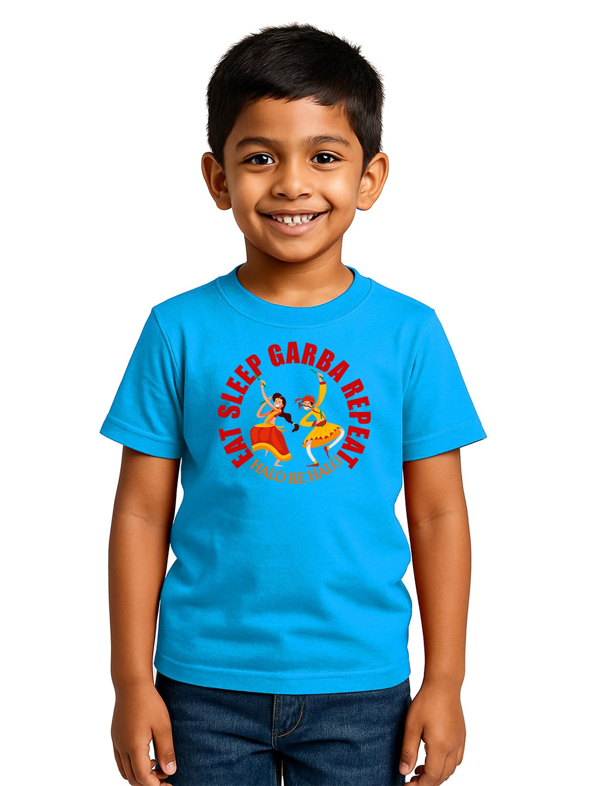 Caseria KidS Cotton Graphic Printed Half Sleeve TShirt  Halo Eat Sleep (Sky Blue, 612 Months)