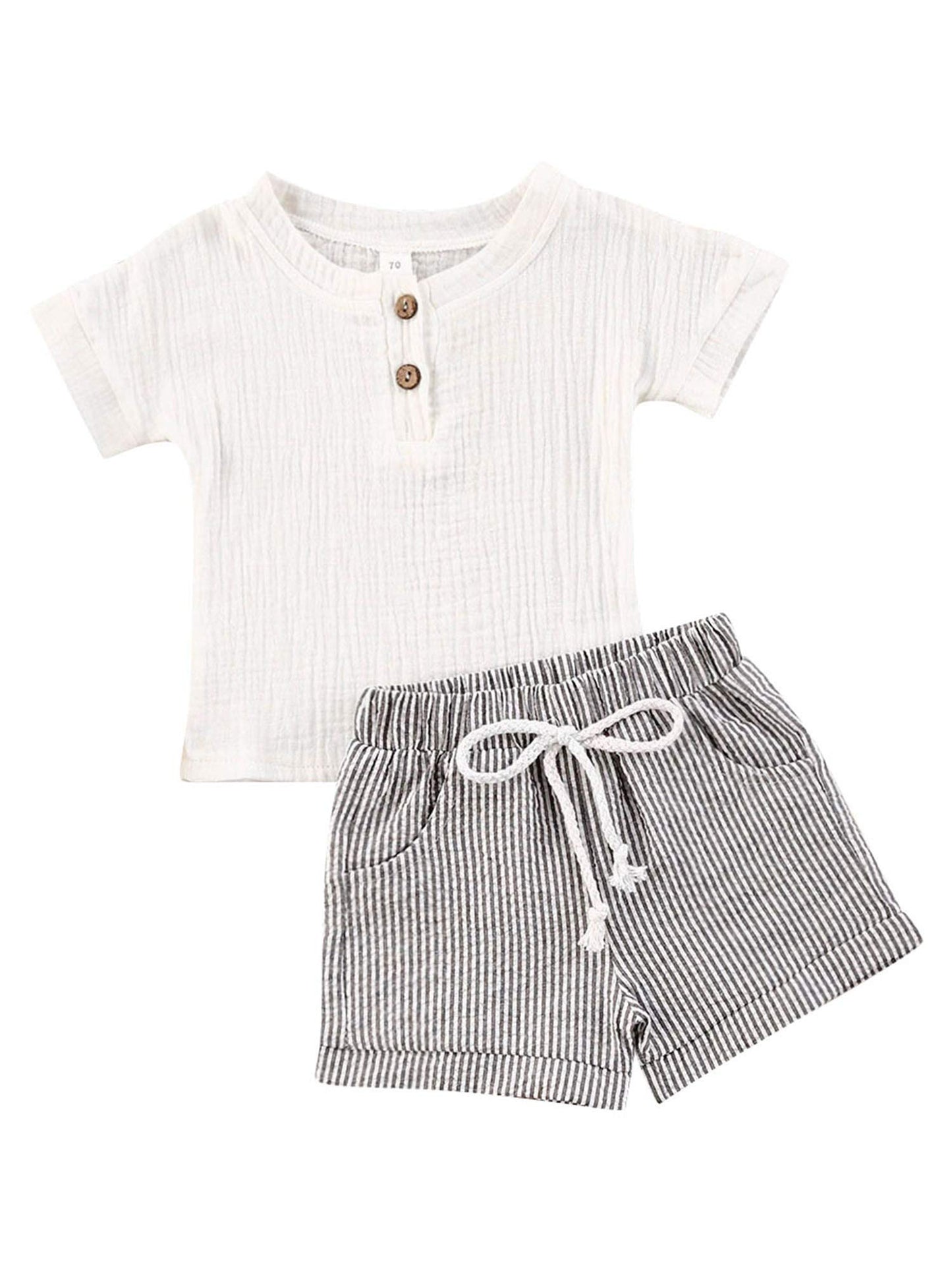 Baby Boys Short Sleeve T-Shirt Tops Elastic Waistband Shorts Set Toddler2Pcs Summer Outfits Clothes (Linen White + Strips, 18-24