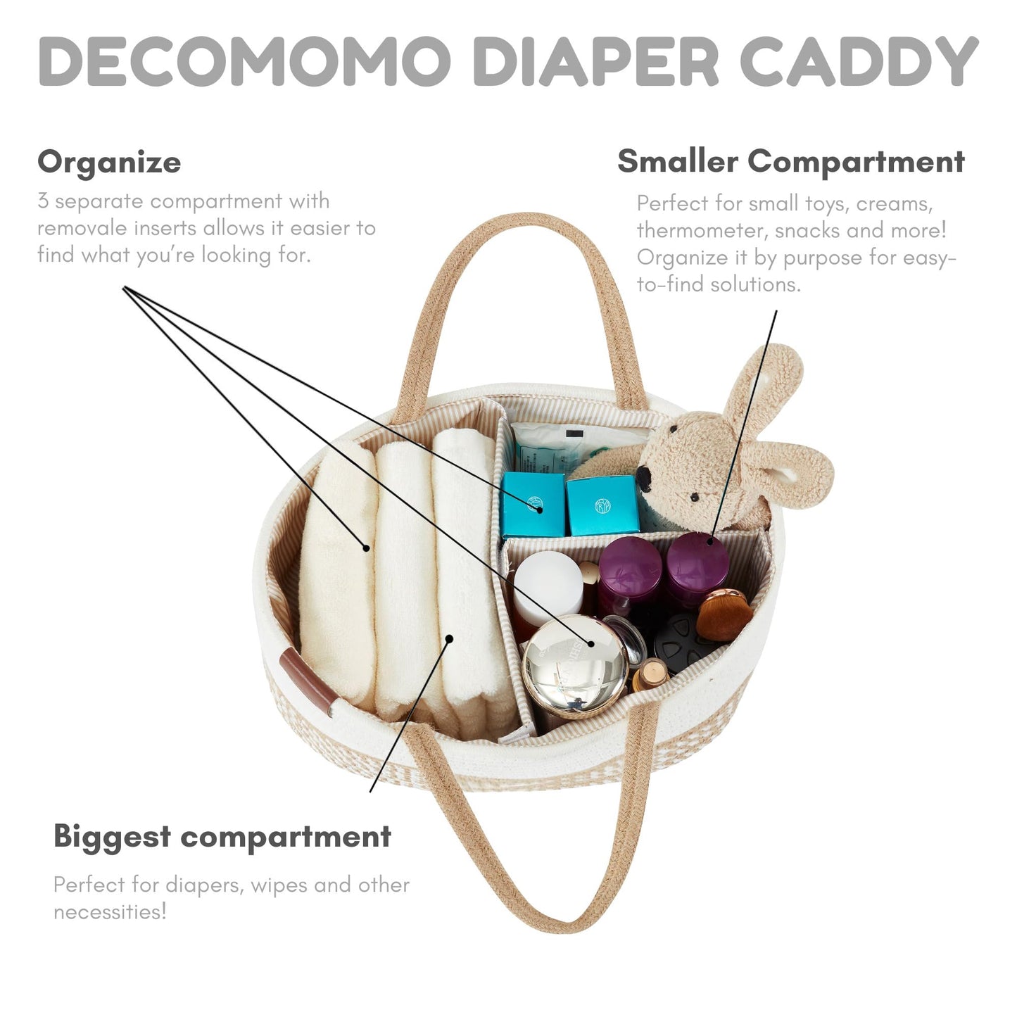 Decomomo Diaper Caddy, Baby Diaper Caddy Basket, Diaper Organizer For Changing Table Girl Boy Gift (Spiral Beige & White, Large)