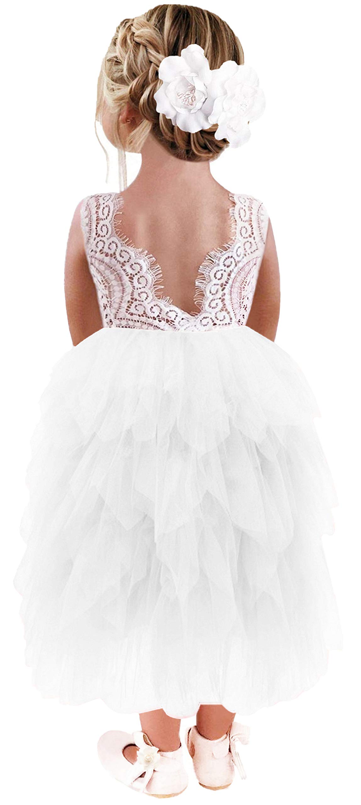 2Bunnies Girl Peony Lace Back A-Line Tiered Tutu Tulle Flower Girl Dress (White