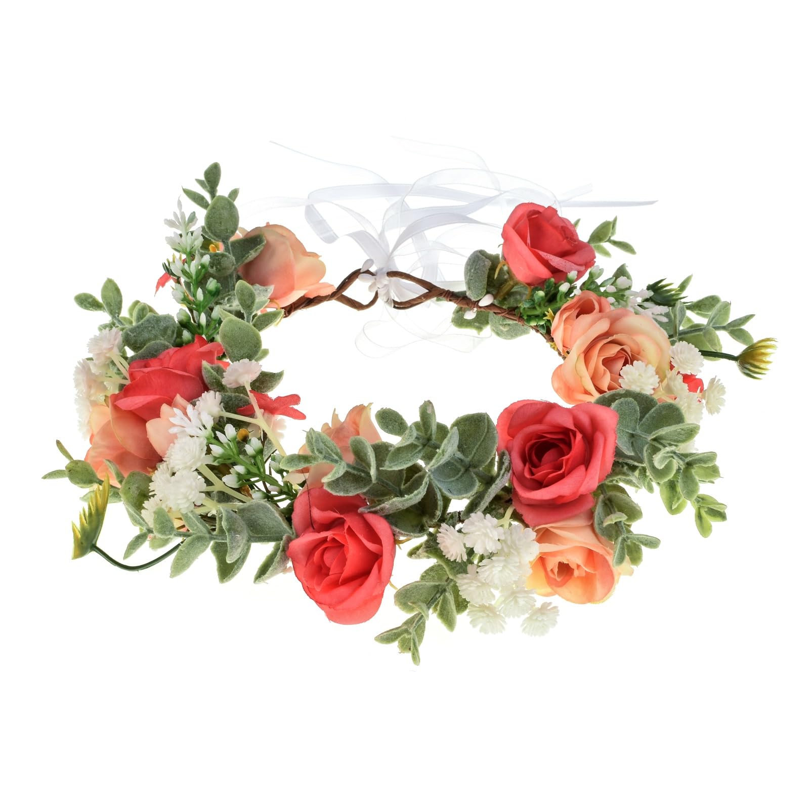 Funsveta Baby Girls Flower Crown Flower Girl Headpiece Boho Little Wreaths For Weddings, Family Photography (Green Leaf And Rose