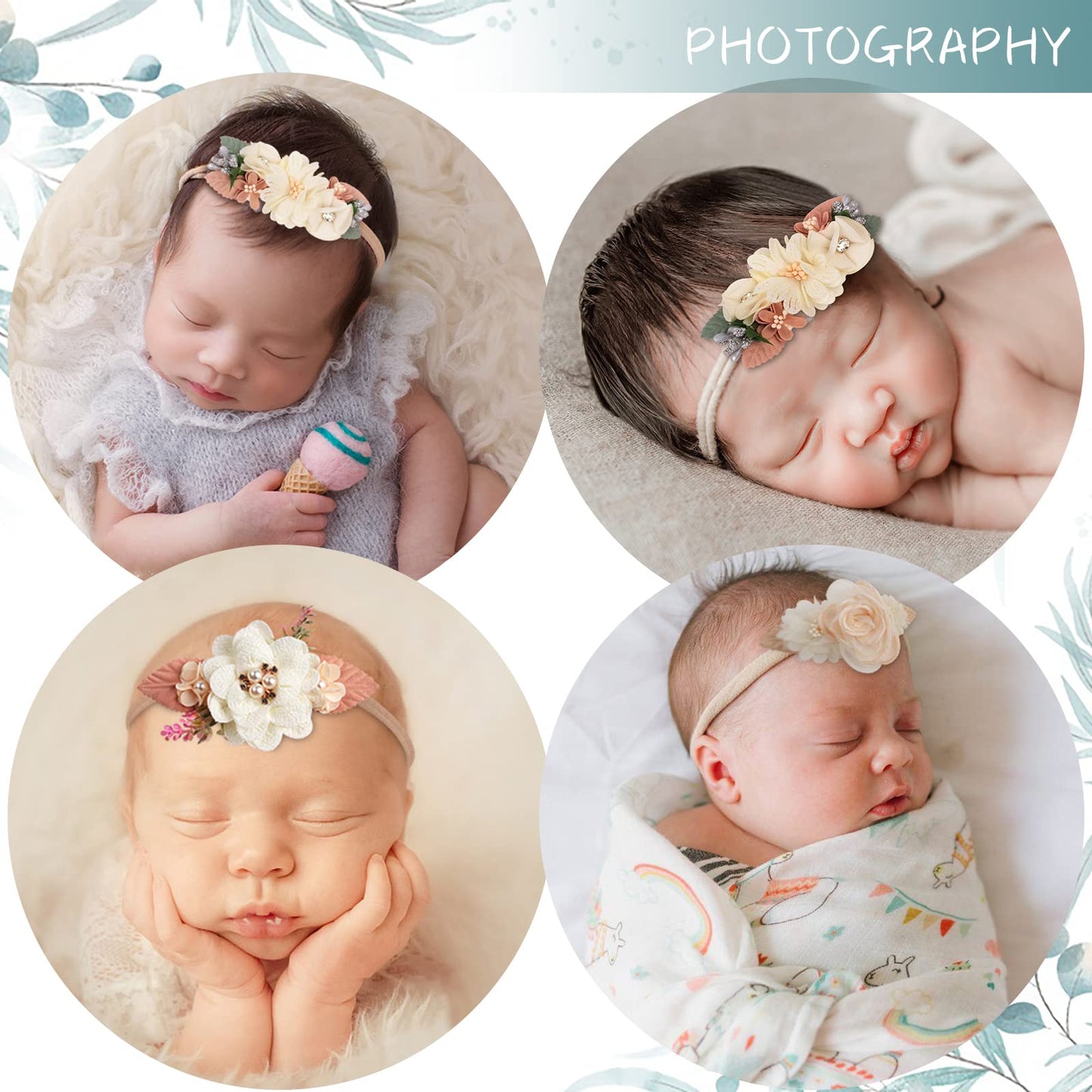 Pabobit Baby Girl Flower Nylon Headband-Elastic Hair Band Handmade Bow For Newborn Infant Toddler Pack Of 3 (Beige)
