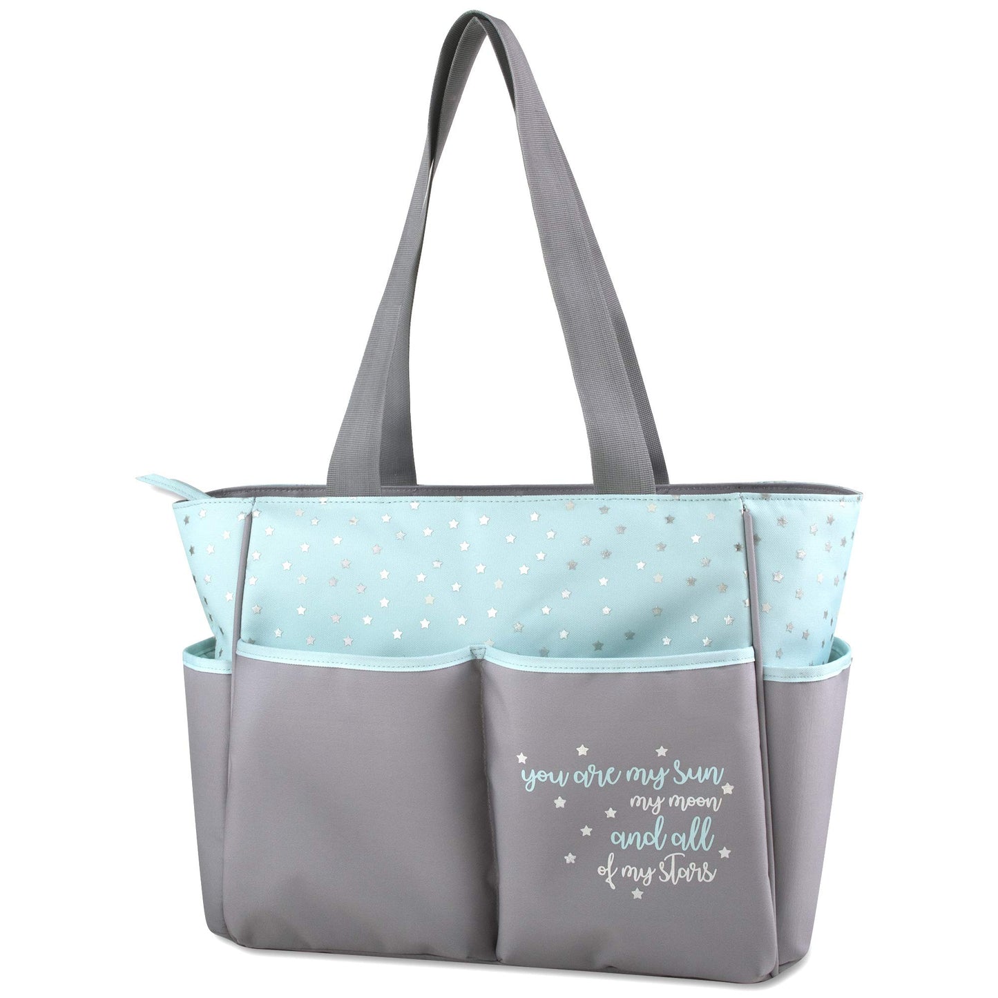 Baby Essentials Diaper Bag Tote 5 Piece Set With Sun, Moon, And Stars, Wipes Pocket, Dirty Diaper Pouch, Changing Pad (Grey/Aqua