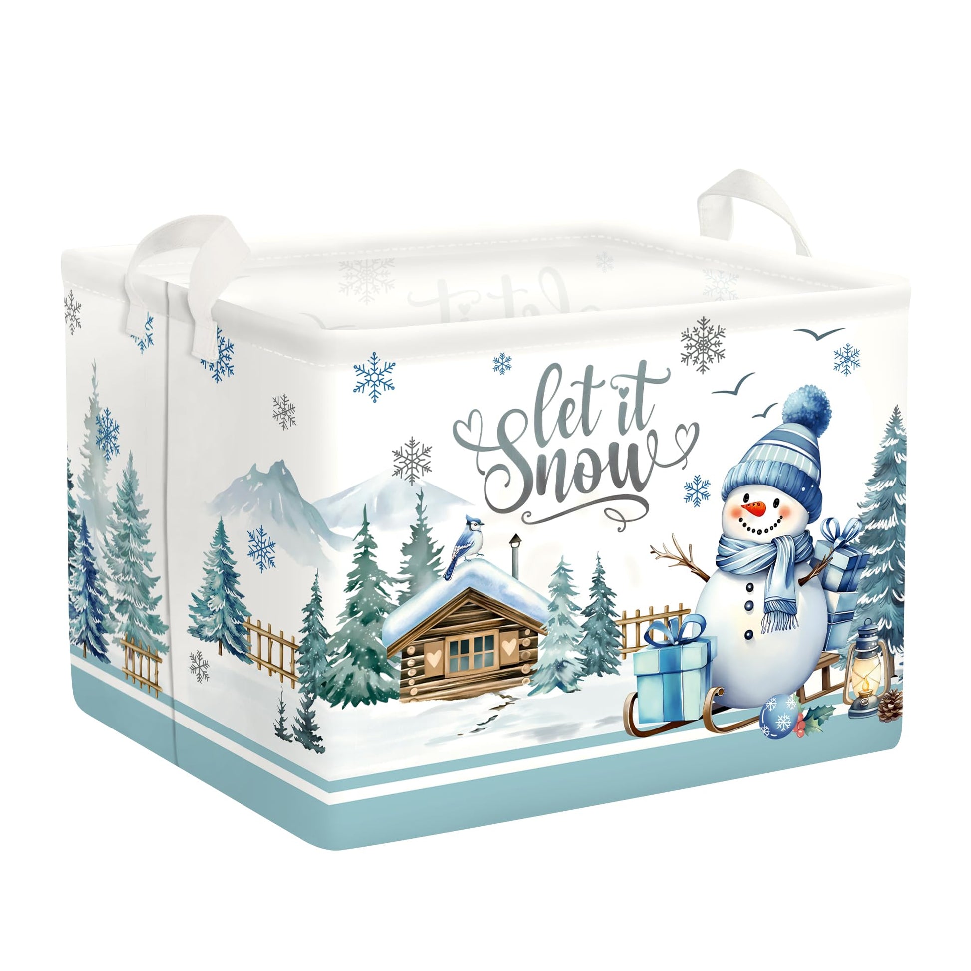 HUUMONSS Snowman Christmas Gift Basket Christmas Tree Shelf Toy Storage Box Collapsible Baby Nursery Hamper, Blue, 36L