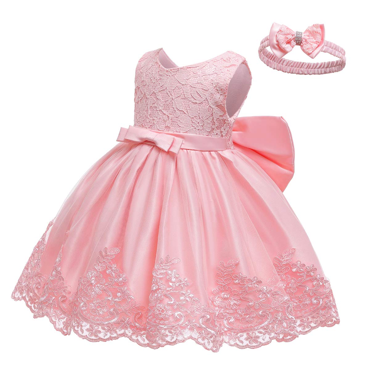 Lzh Baby Toddler Lace Dress Girls First Baptism Elegant Embroidery Wedding Party Flower Bridesmaid Bowknot Dresses Up, Meat Pink