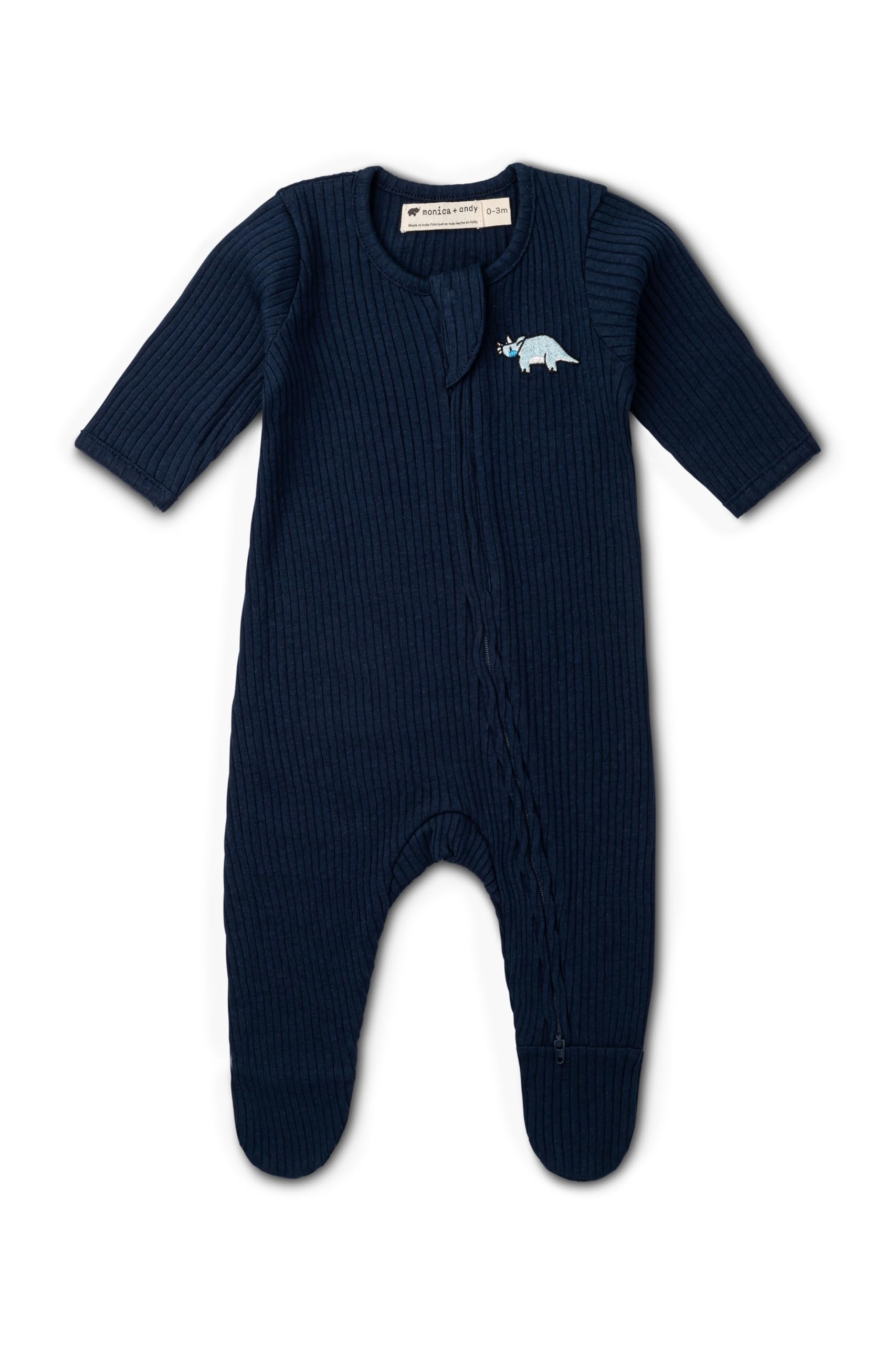 MONICA + ANDY One Piece, 6-9 Months, Ribbed Blue Dino, 100% Organic Baby Clothes for Girls & Boys, Zip Up, Sustainable Super Sof