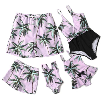Iffei Mommy And Me Swimsuits One Piece Monokini Bathing Suits Coconut Tree Printed V Neck Family Matching Swimwear Pink Men: M