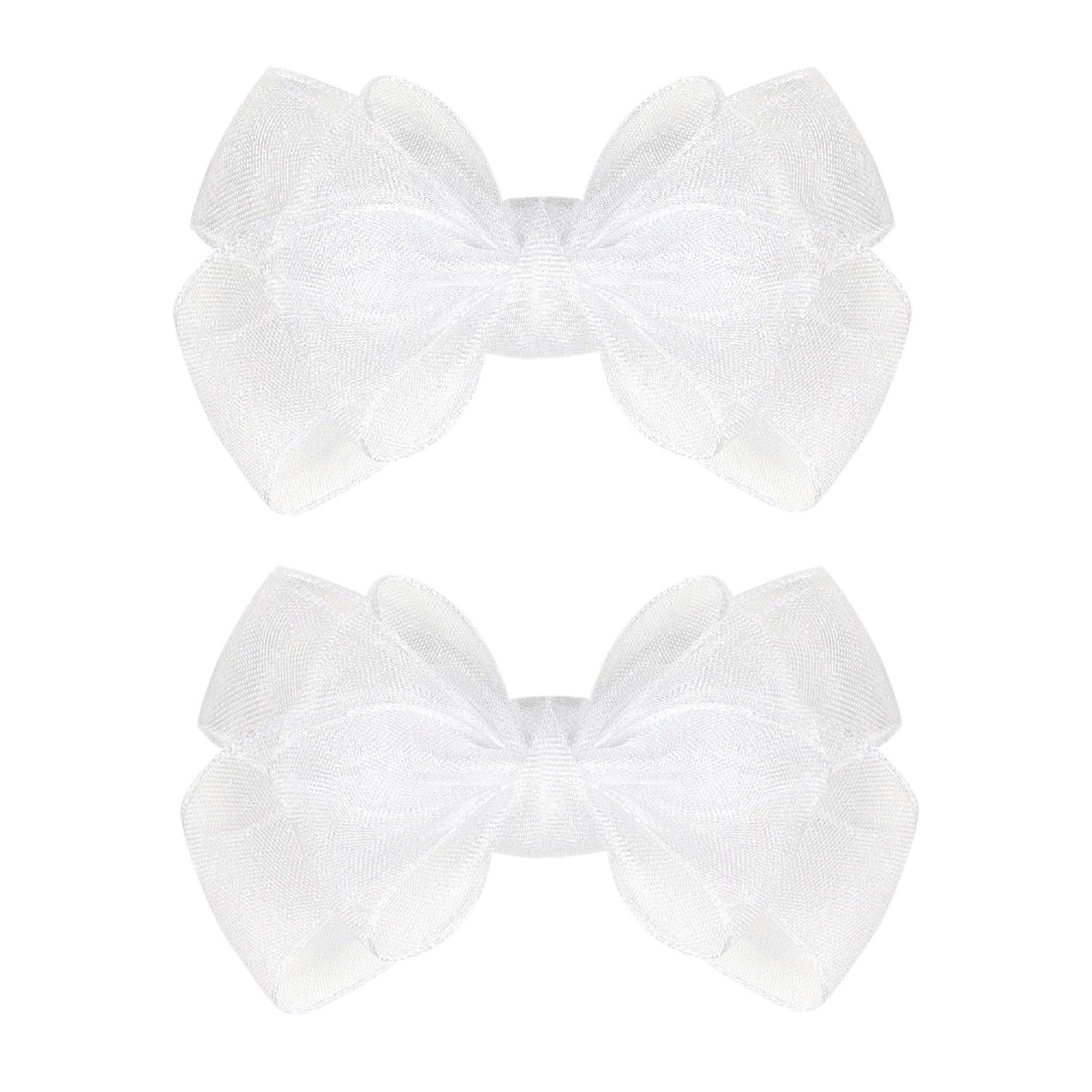 3.5-Inch Organza Hair Bows For Girls - Elegant Sheer Ribbon Alligator Clips For Toddlers, Kids, And Teens - Pack Of 2, White