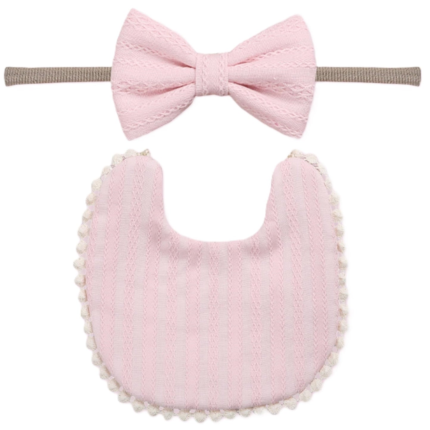 Polka Tots Cotton Embroidery Bow Headband With Reversible Boho Bib Set  Pink