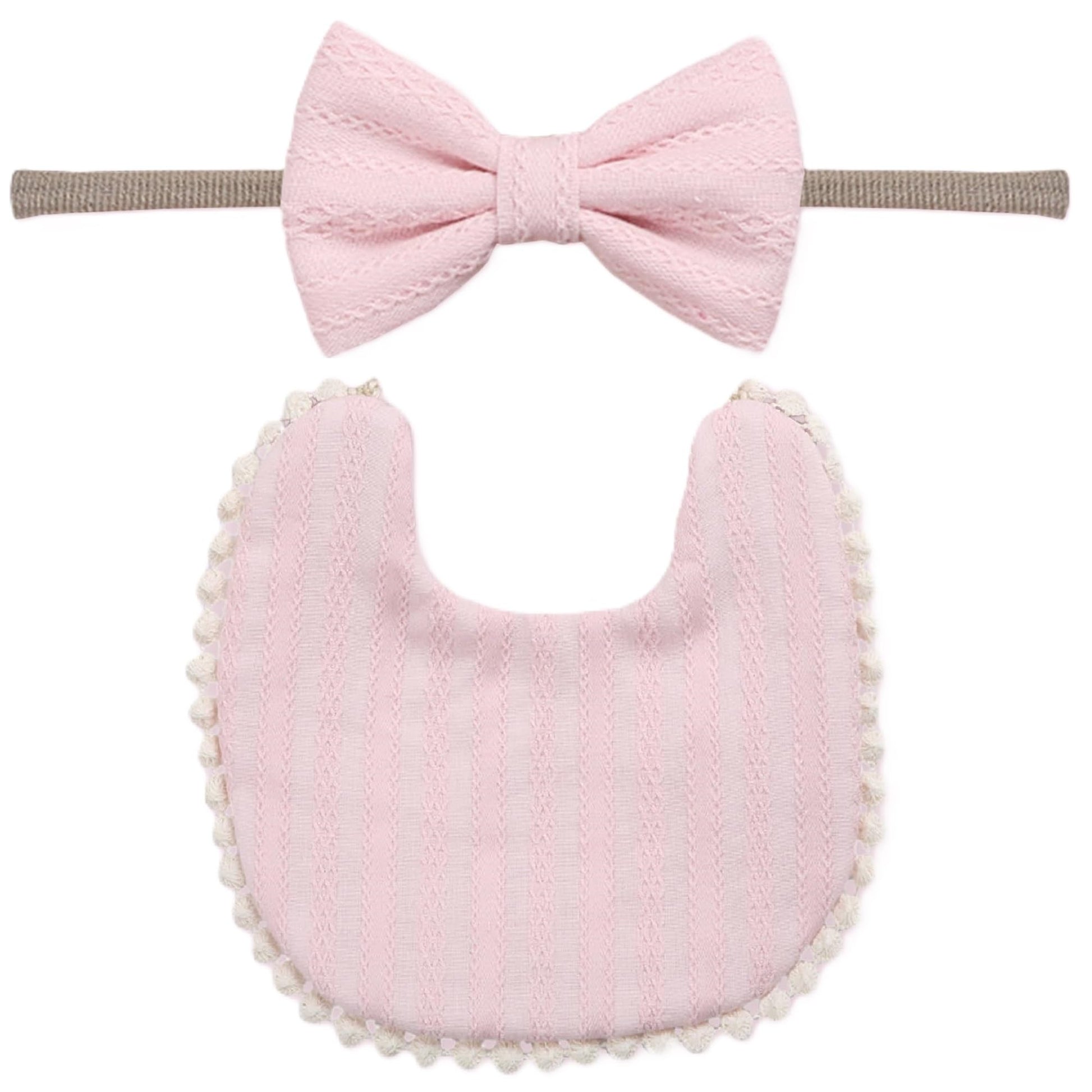 Polka Tots Cotton Embroidery Bow Headband With Reversible Boho Bib Set  Pink