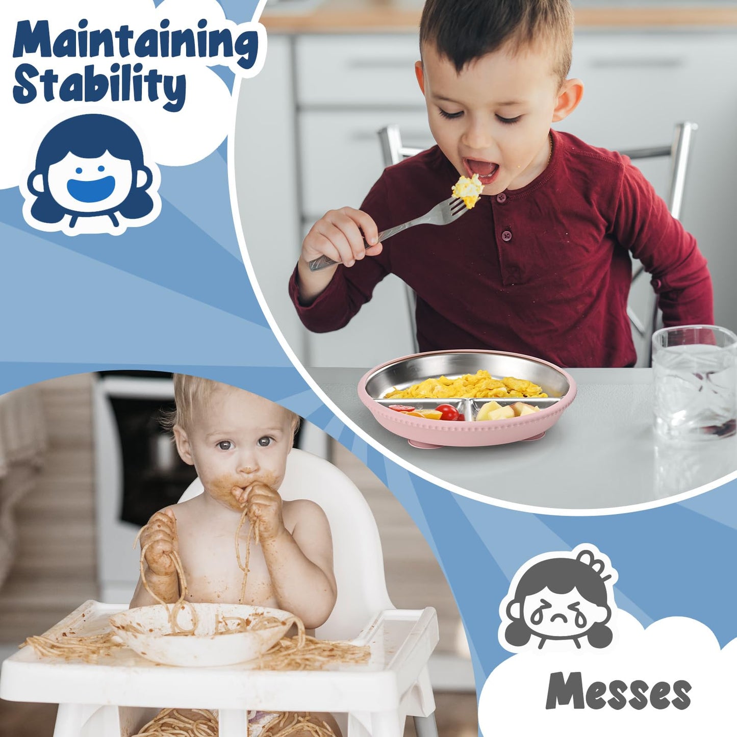 2-Pack Stainless Steel Kids Plates with Suction Bases, 8.26 Divided Toddler Plates with Removable Silicone Sleeves, Non-Slip, BP