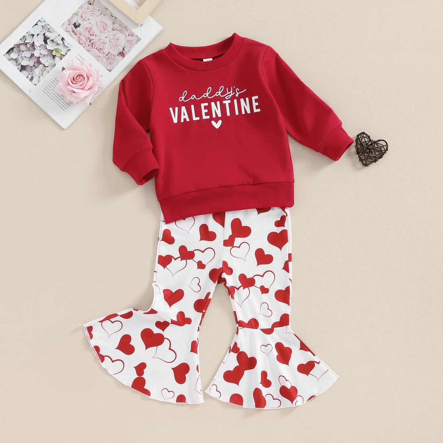 Iddolaka Toddler Baby Girls Valentines Day Outfits Long Sleeve Letter Sweatshirt Shirt Heart Flared Pants Spring Clothes (D-Red,