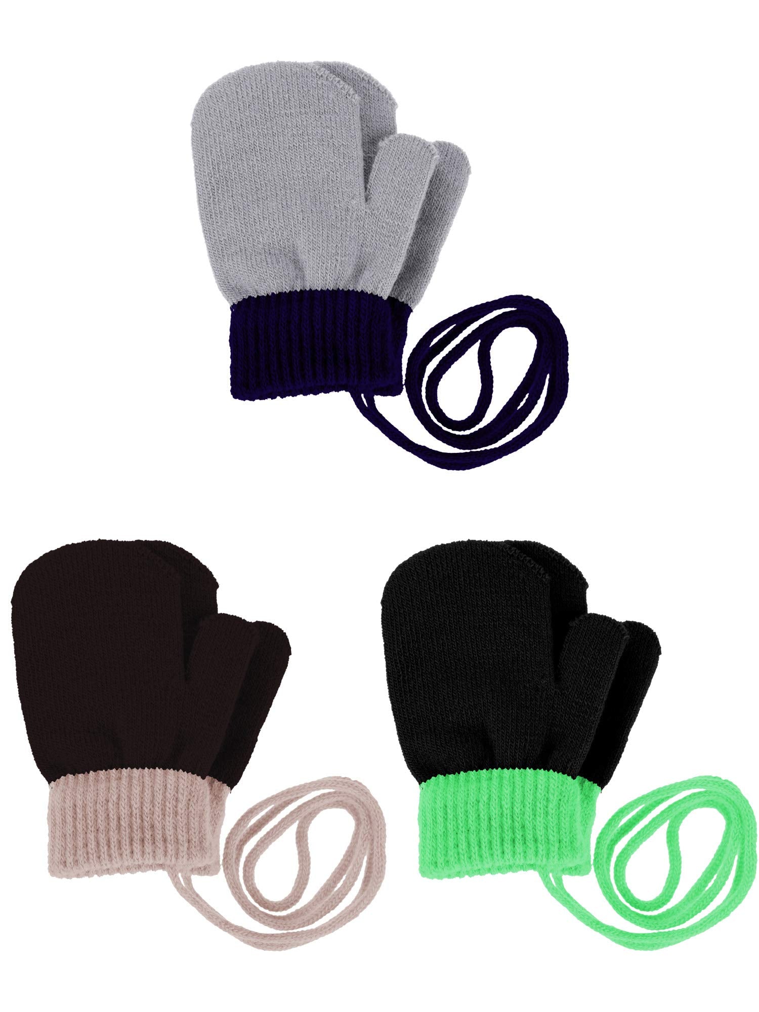 SATINIOR 3 Pairs Toddler Magic Stretch Mittens Full Finger Knit Gloves Winter Warm Mittens (Black with Green, Camel Color with K