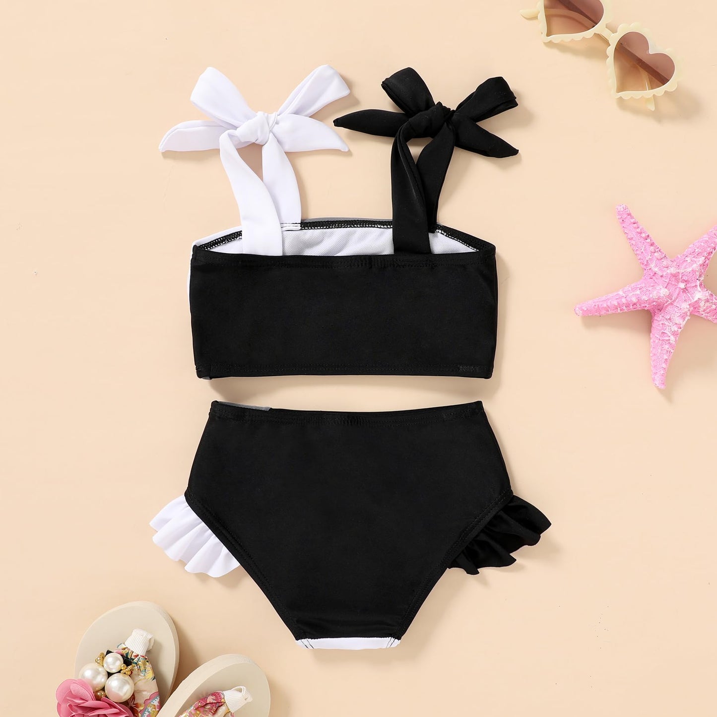 Younger Tree Toddler Girls Two Pieces Swimsuit Color Block Stripe Swimwear Summer Beach Bathing Suit 18M-5T(Black#White 12-18 Mo