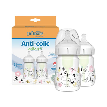 Dr Brownas Natural Flowa Anti-Colic Options+A Wide-Neck Baby Bottle Designer Edition Bottles, Woodland Decos, 5 Oz150 Ml, Level