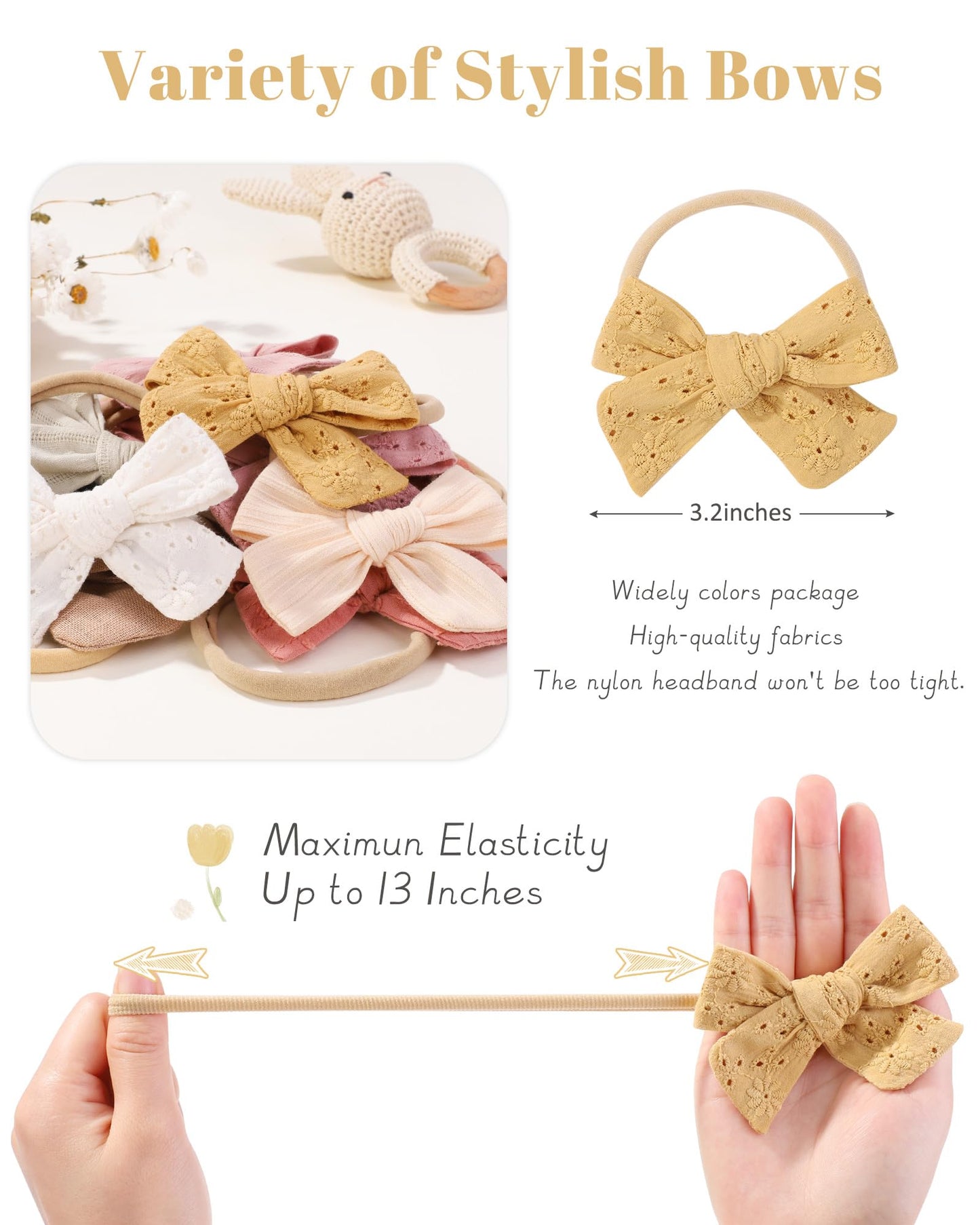 Jollybows 12Pcs Baby Girls Hair Bows Nylon Elastic Headband Hair Accessories For Infants Toddlers Newborn