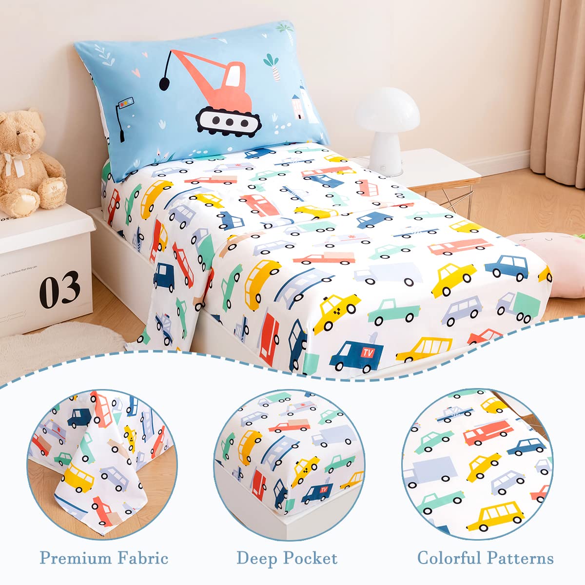 Perfemet 4-Piece Toddler Bedding Set Boys Cars Toddler Comforter With Sheets Reversible Lightweight Blue Vehicles Toddler Bed Se