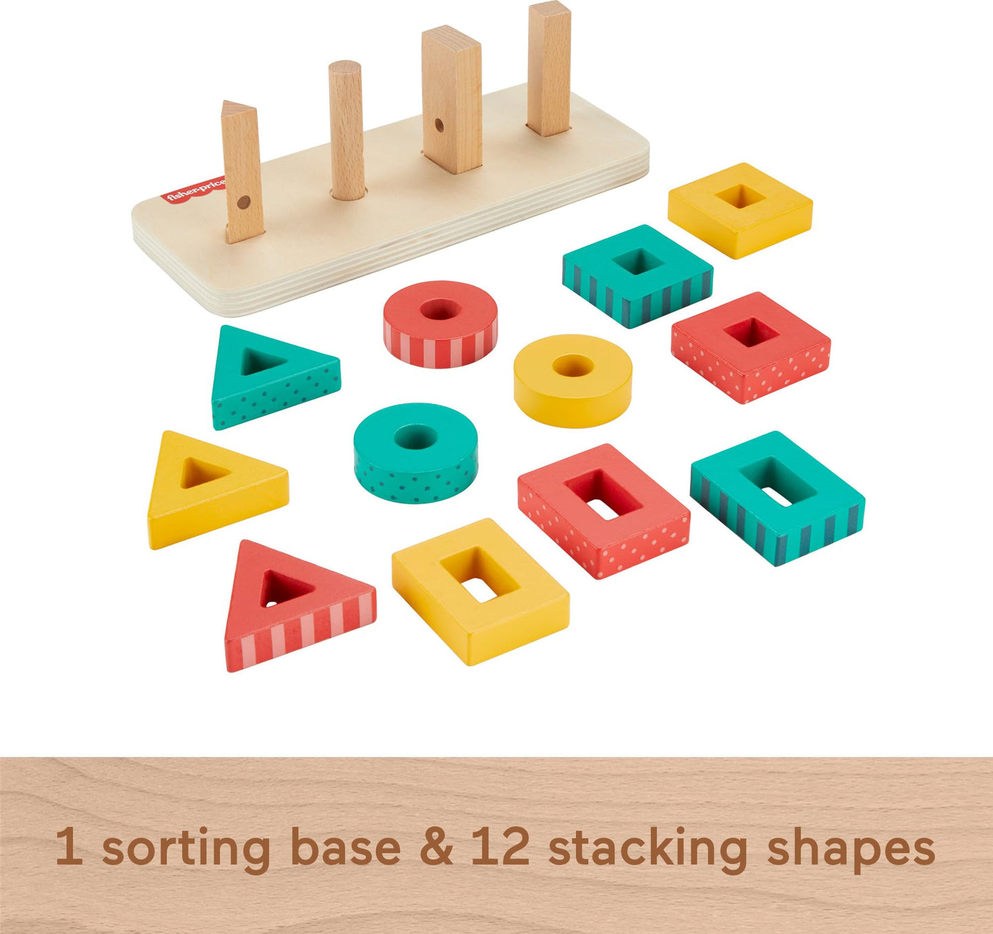 Fisher-Price Wood Toddler Toy Shape Stacker, 13-Piece Wooden Sorting Activity for Fine Motor Play Preschool Kids Ages 2+ Years