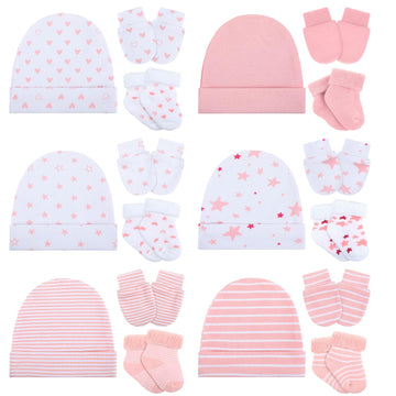 Toulite 6 Pack Preemie Hats Mittens and Socks Set Cotton Preemie Beanie Hat Socks and No Scratch Mittens(White Pink Color)