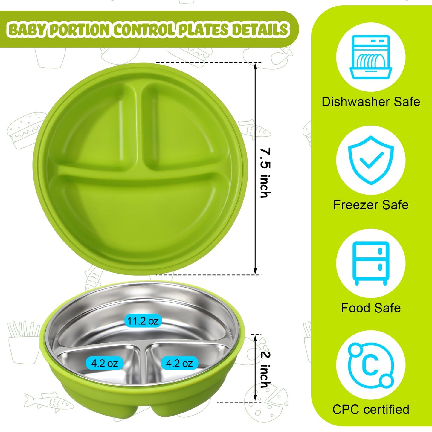 Nuogo 2 Pcs Stainless Steel Baby Suction Plates With Removable Silicone Shell 2-In-1 Metal Toddler Bowl Divided For Picky Eaters