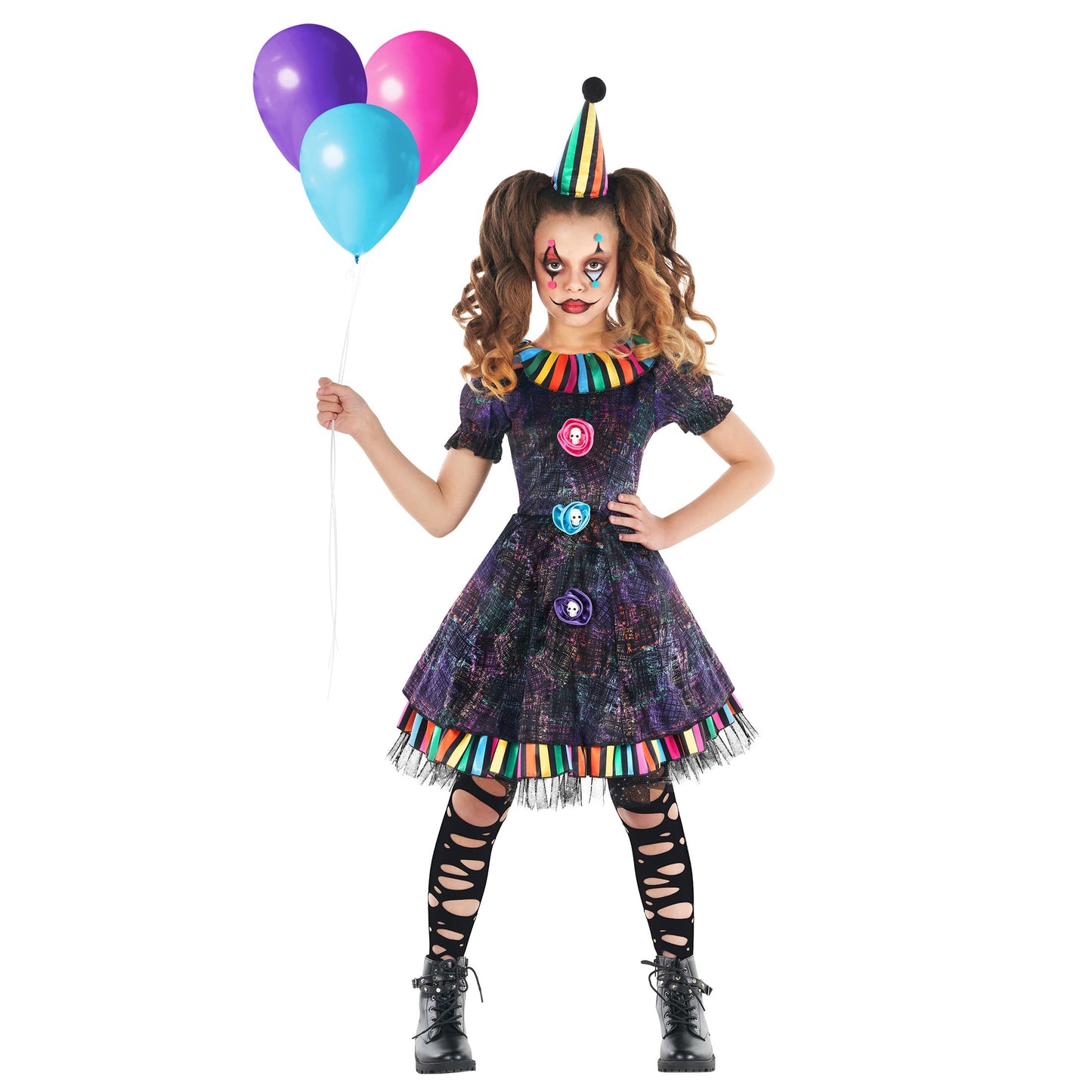 Morph Rainbow Creepy Clown Costume For Girls - Scary Kids Clown Outfit For Halloween - Fun Dress Up Party Costume, 4-6 Years