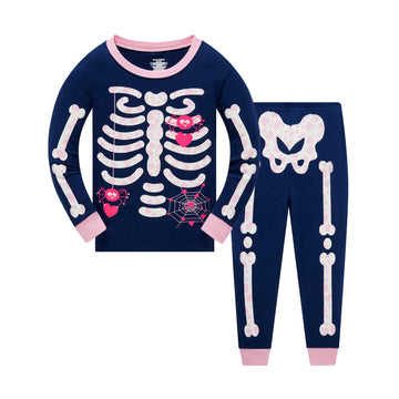 Toddler Girls Skeleton Pajamas Kids 2 Pcs Long Sleeve Glow In The Dark Pjs Girls Halloween Spider Pajamas Set Funny Sleepwear Cl