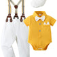 Yallet Baby Boy Clothes Set Infant Tuxedo Long Sleeve Gentleman Suit Outfits + Beret Hat + Suspender Pants + Bowtie 0-18M