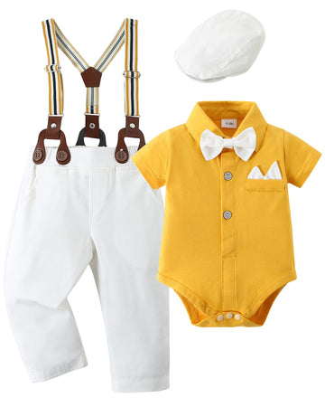 Yallet Baby Boy Clothes Set Infant Tuxedo Long Sleeve Gentleman Suit Outfits + Beret Hat + Suspender Pants + Bowtie 0-18M