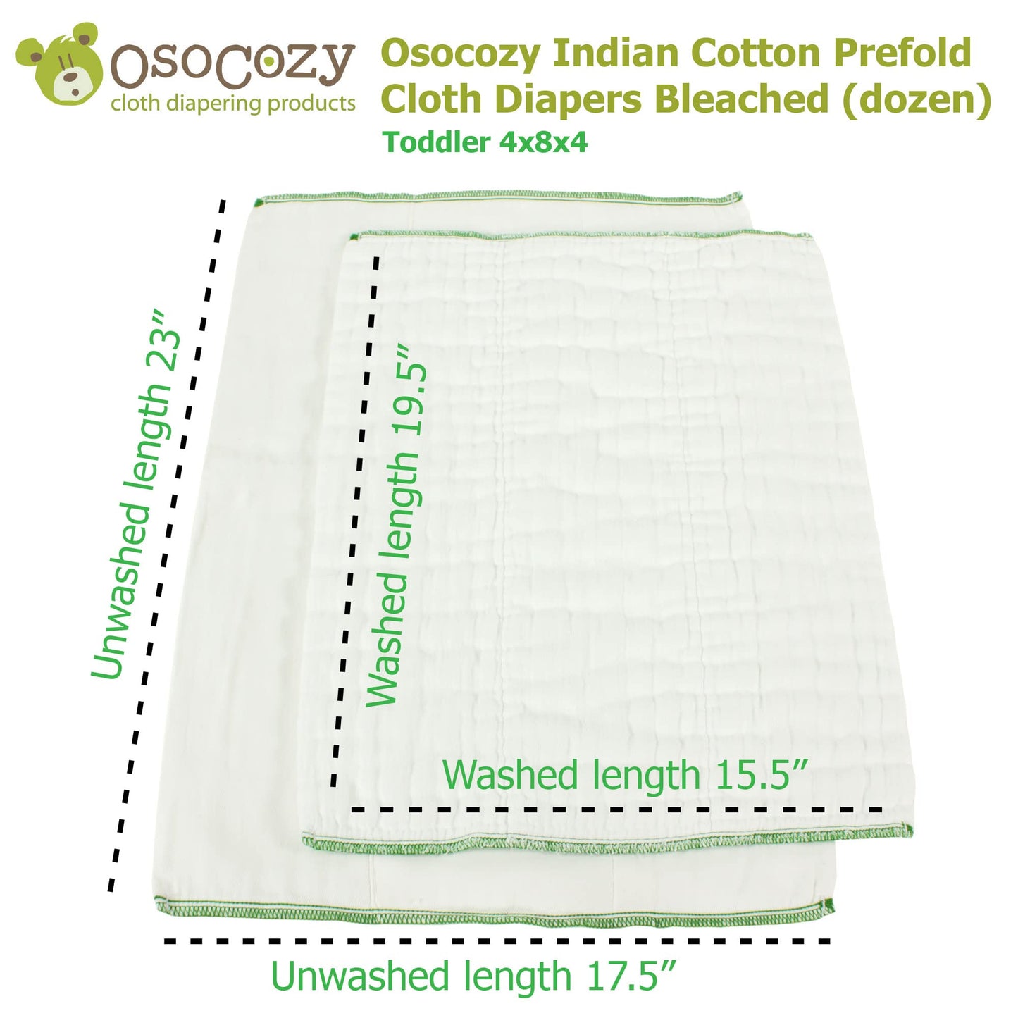 Osocozy - Indian Cotton Prefolds (Dozen) - Soft And Absorbent Baby Diapers Made Of 100% Indian Cotton - 17.5'X23', Fits 30-45