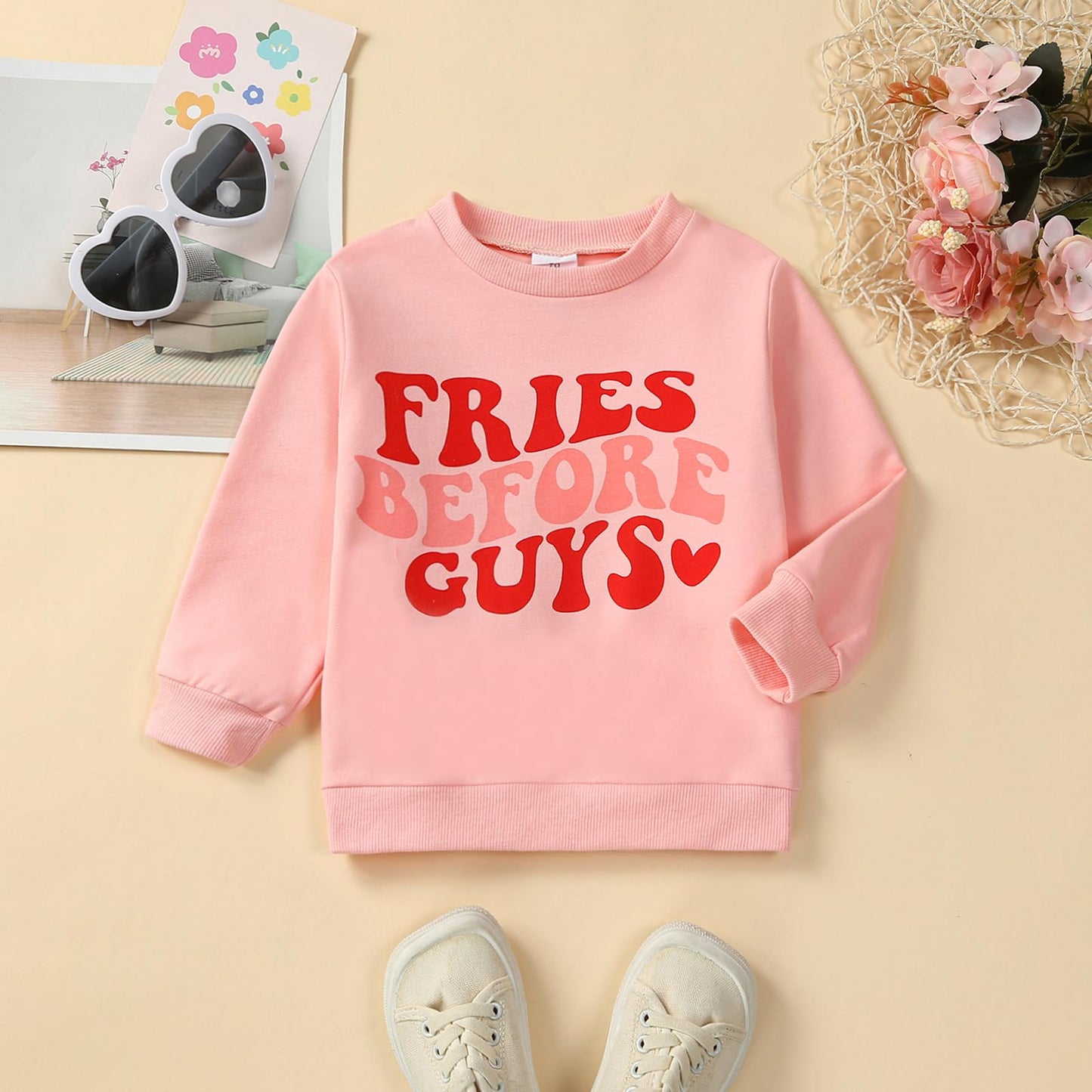 Lesimsam Toddler Baby Boy Girl Valentines Day Outfit Crewneck Sweatshirt Letter Print Long Sleeve Pullover T-Shirt Tops (Fries B