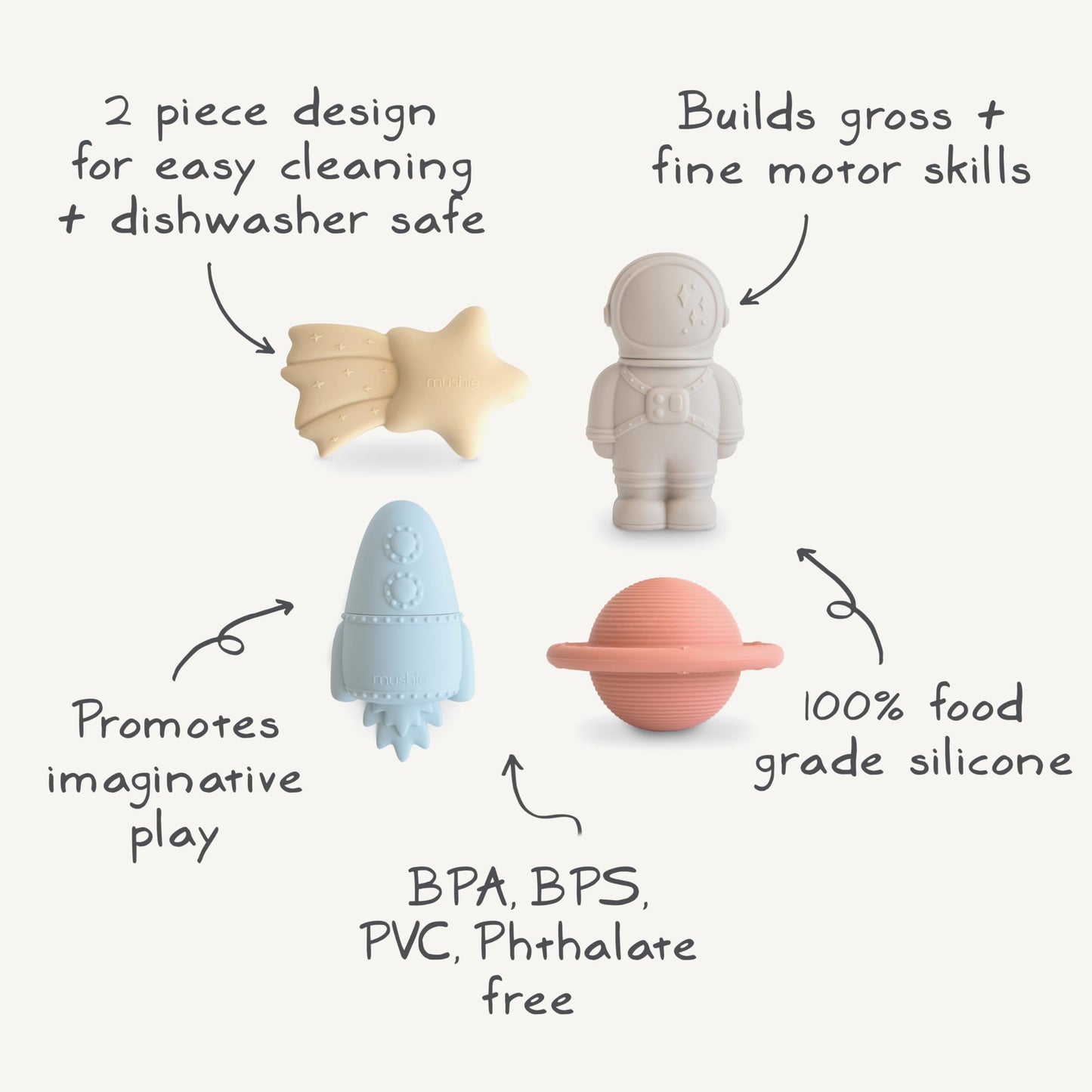 mushie Space Bath Toys Play Set for Toddlers | 100% Food Grade Silicone | Mold Free, Pack of 4