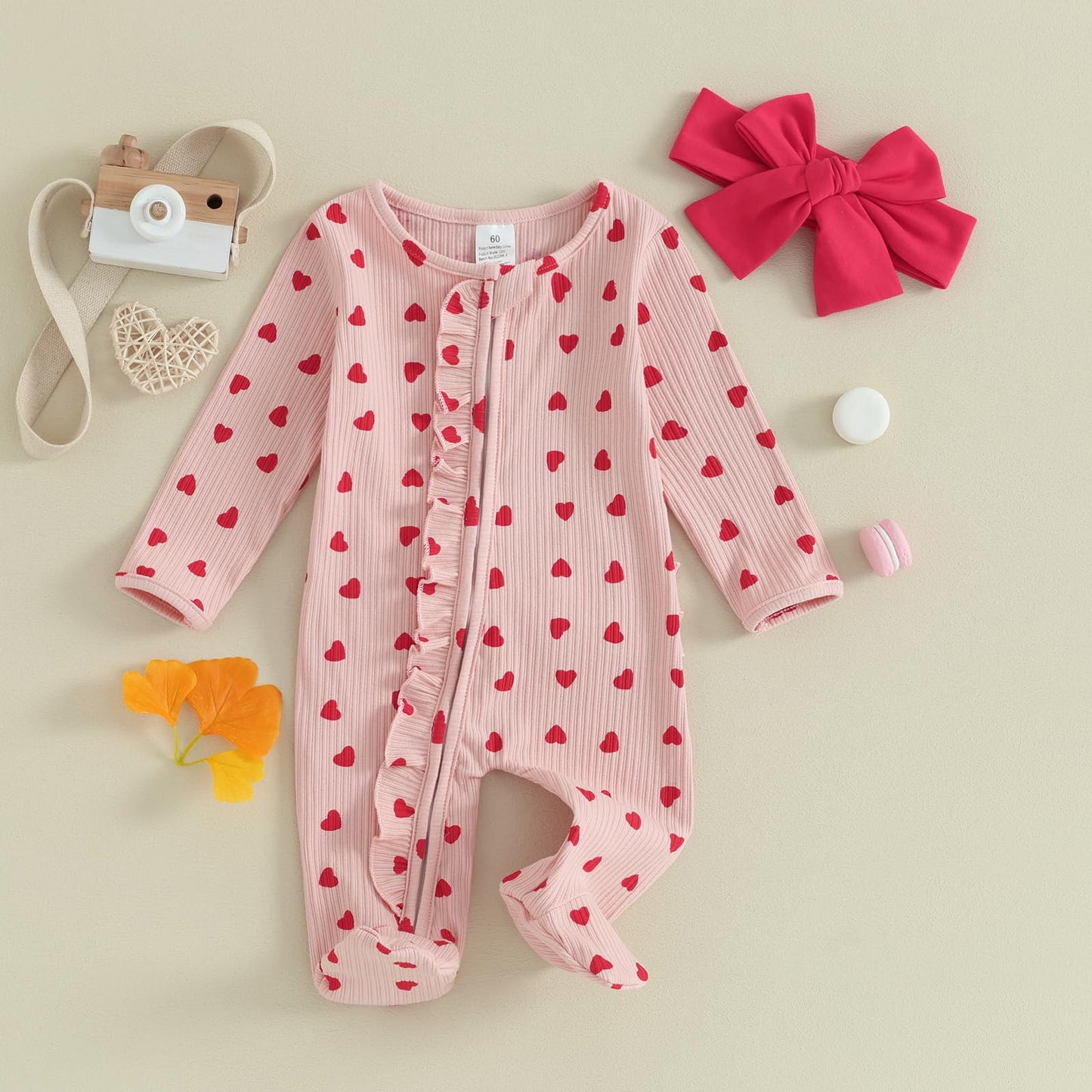 Ayalinggo Valentines Baby Girl Outfit Bowknot Heart Footie Romper Long Sleeve Onesie Newborn Christmas Clothes (Pink Valentines,
