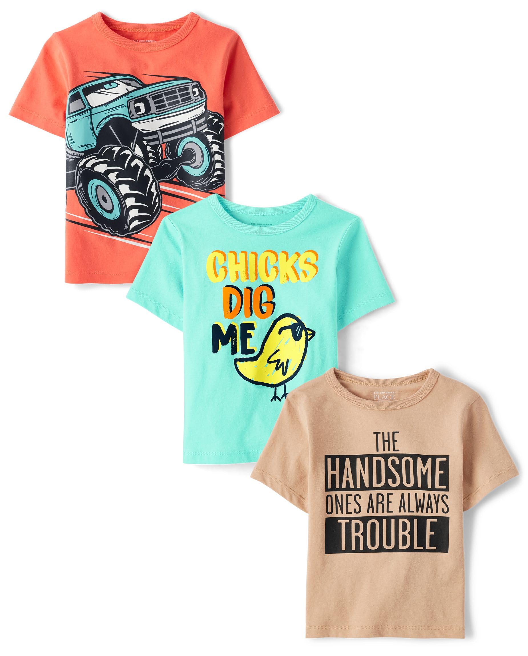 The Children'S Place,Baby Boys,And Toddler Vehicle Short Sleeve Graphic T-Shirts,Multipacks,Chick/Handsome/Monster Truck 3-Pack,