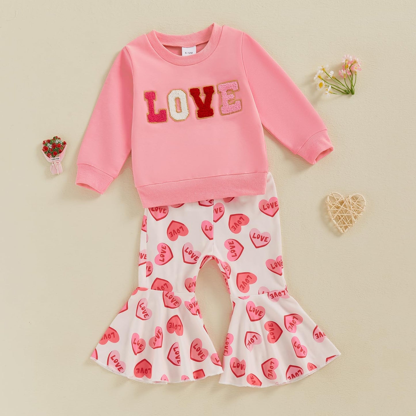 Engofs Toddler Baby Girl Valentines Day Outfit Long Sleeve Letter Print Sweatshirt Flared Pants Set (V2 Pink Love, 6-12 Months)