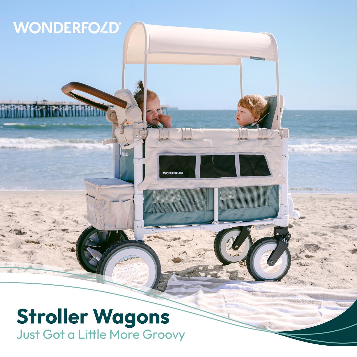 Wonderfold Volkswagen Stroller Wagon (2 Seater) - Collapsible Wagon Stroller With Classic Vw Bumper, Headlights, And Retro All-T