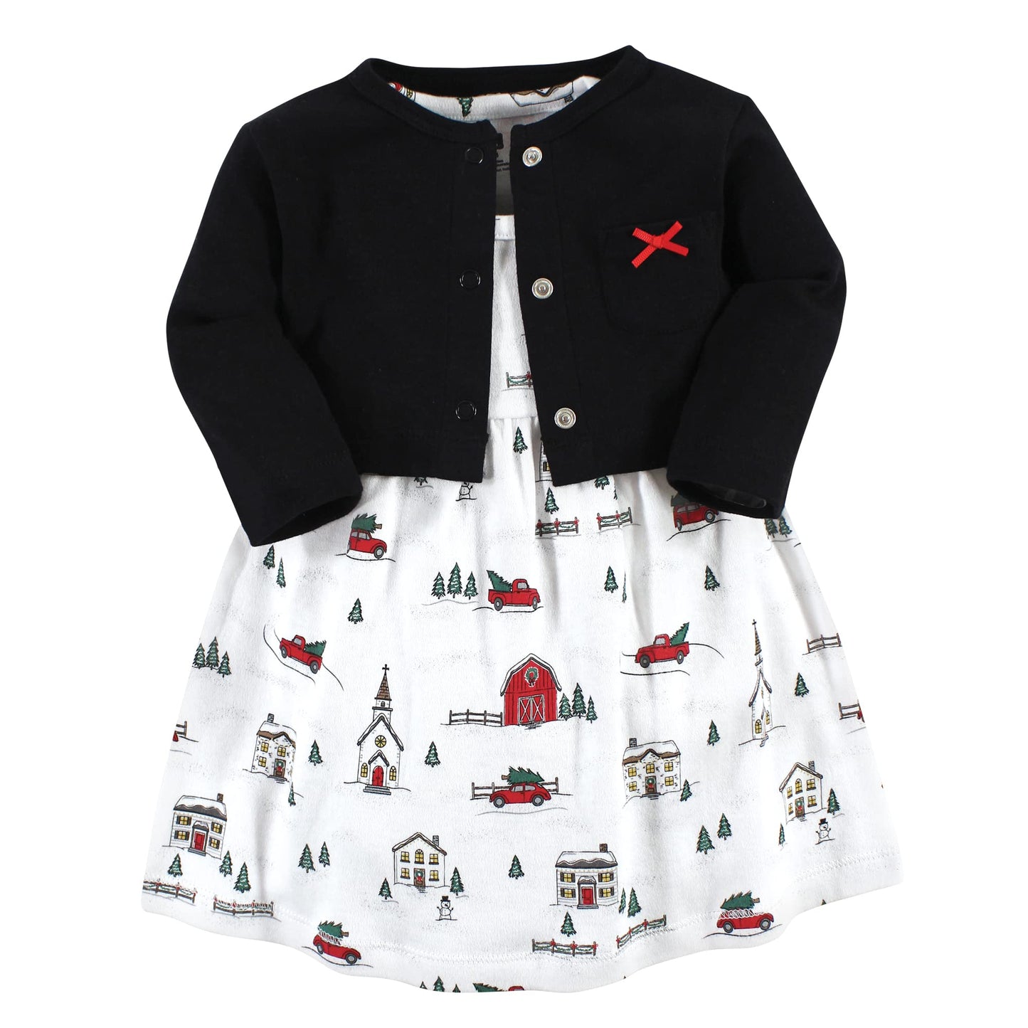 Hudson Baby Baby Girls Cotton Dress And Cardigan Set, Christmas Scene, 4 Toddler
