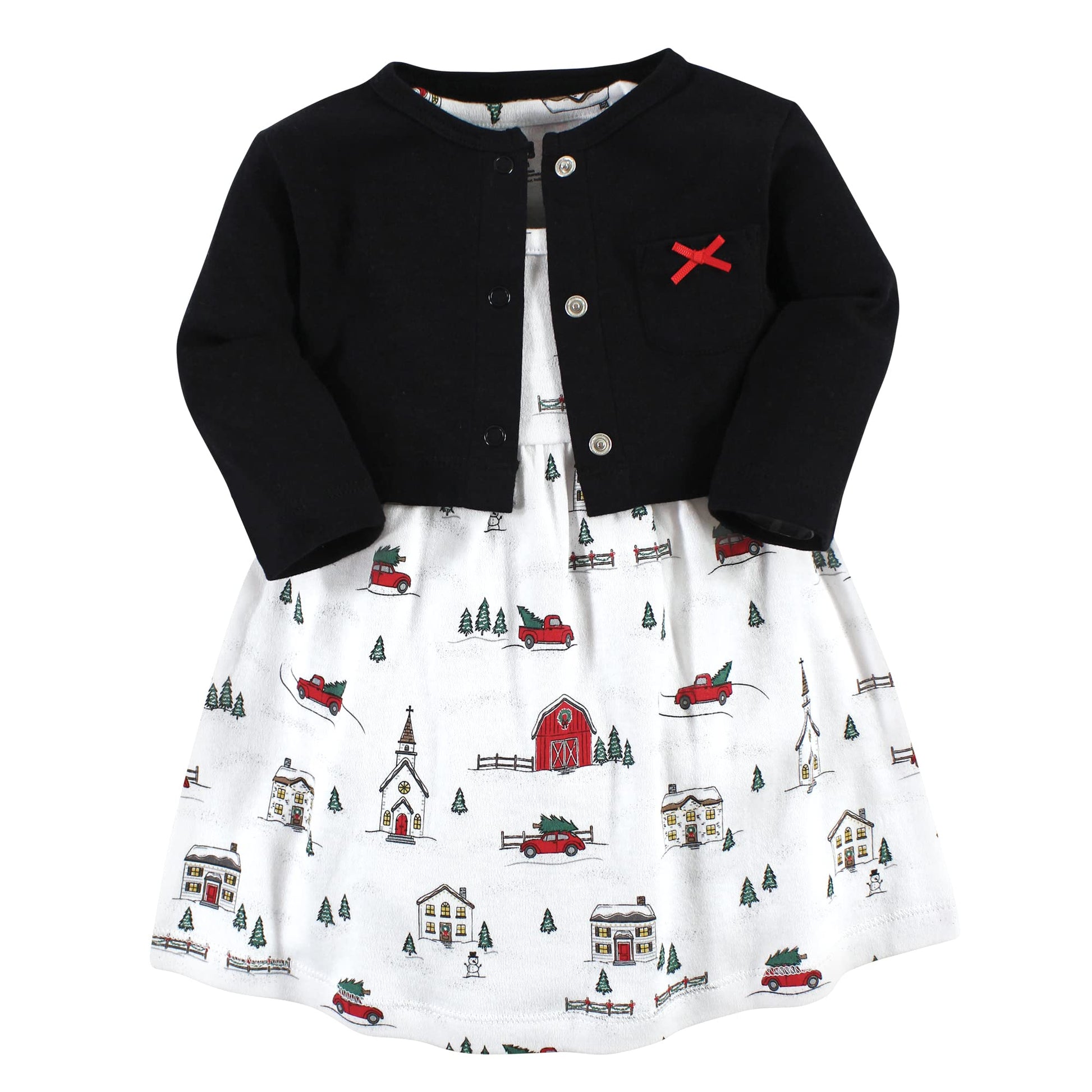 Hudson Baby Baby Girls' Cotton Dress And Cardigan Set, Christmas Scene, 6-9 Months