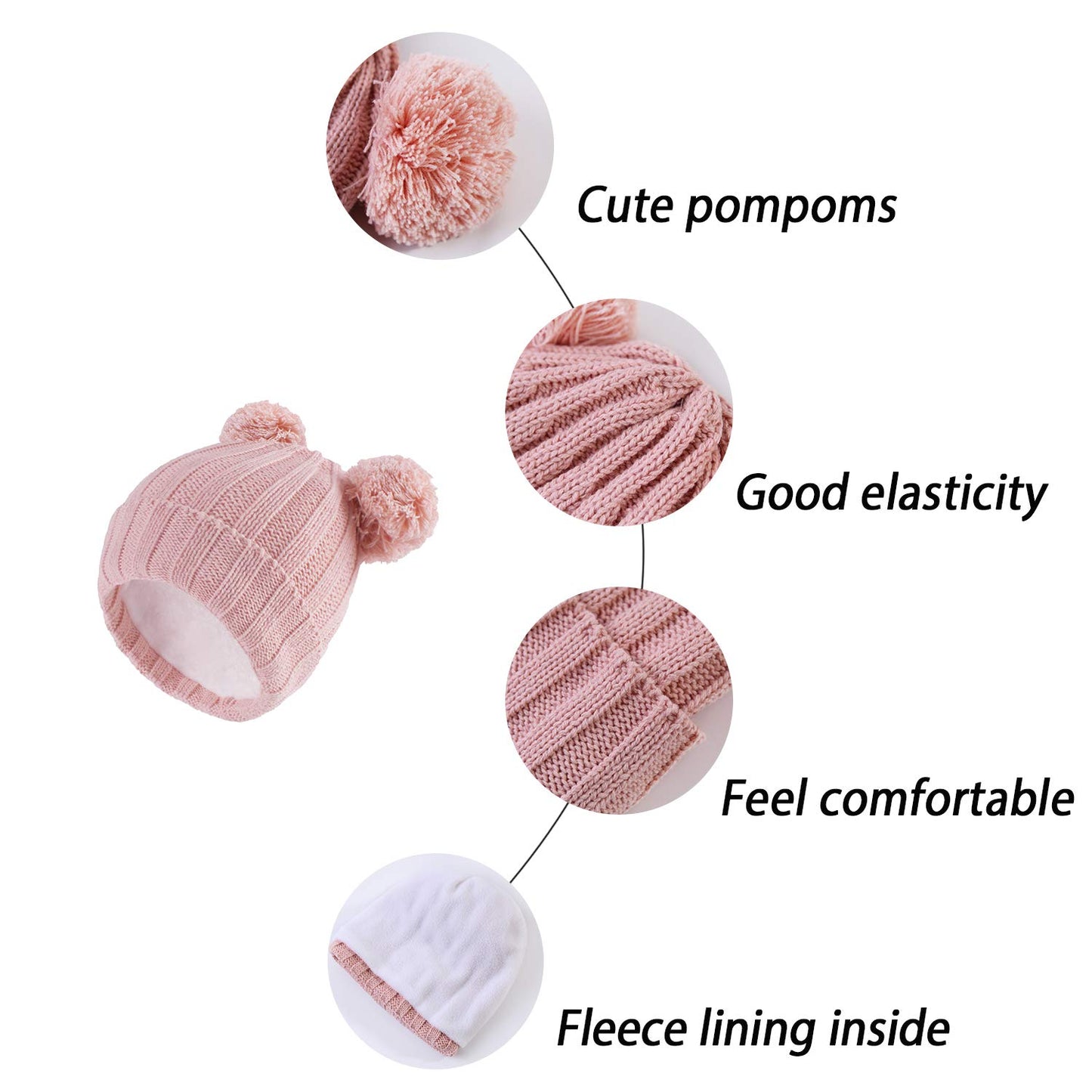 Langzhen Winter Warm Knitted Baby Hats For Girls Pom Pom Kid Toddler Boys Beanies Cap With Fleece Lining (Pink*,48-50Cm)
