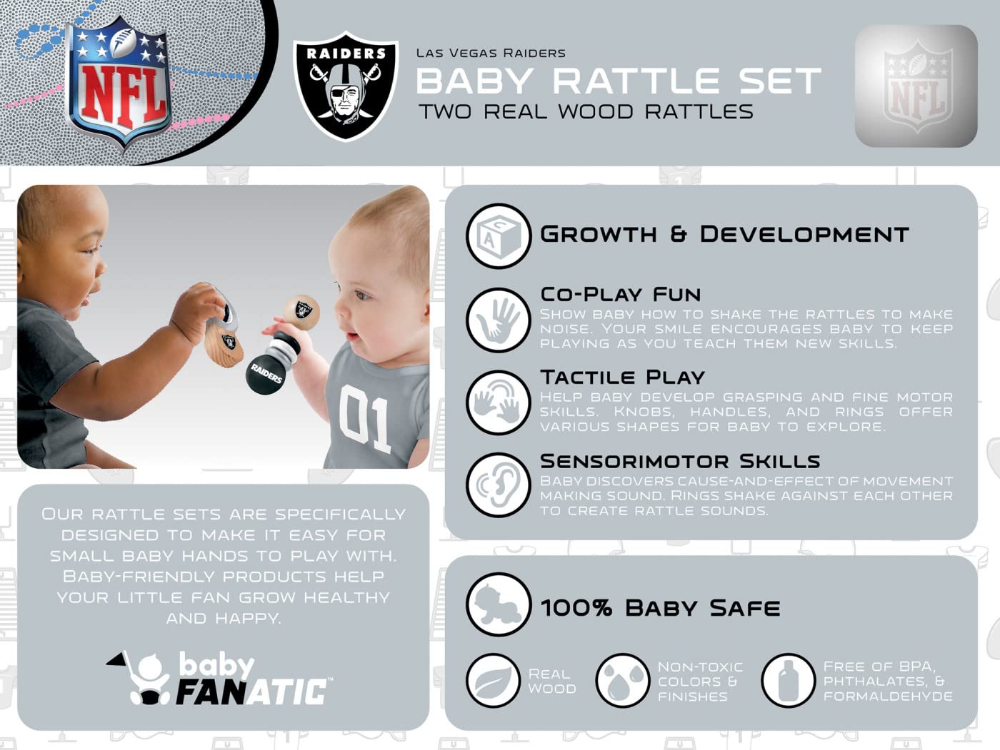 Baby Fanatic Wood Rattle 2 Pack - NFL Las Vegas Raiders, Officially Licensed Baby Toy - Ages 0+