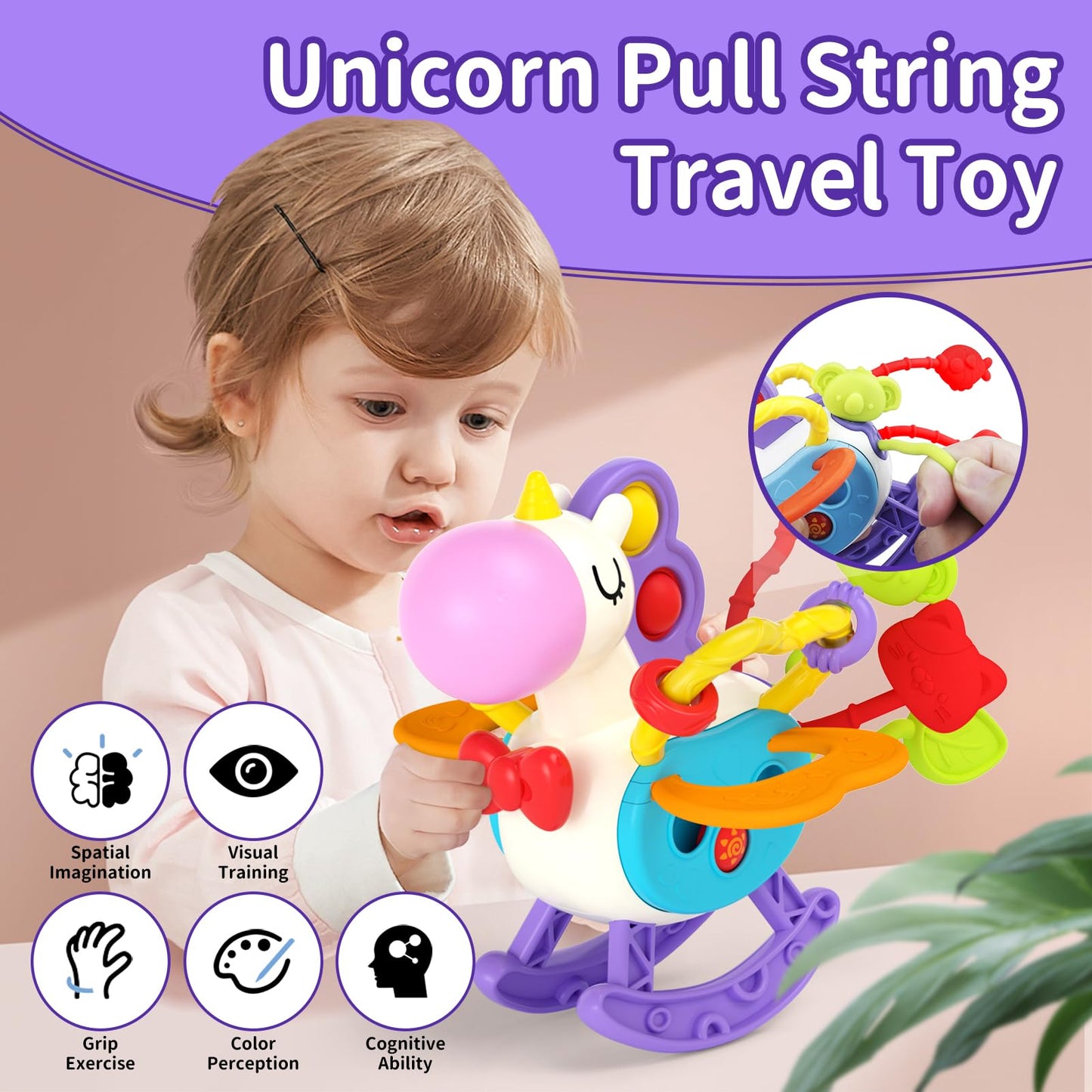 4 in 1 Baby Toy for 6 12 18 Month, Learning Toys for Babies 6-12 Months, Baby Busy Cube Toys, Stacking Toys, Unicorn Pull String