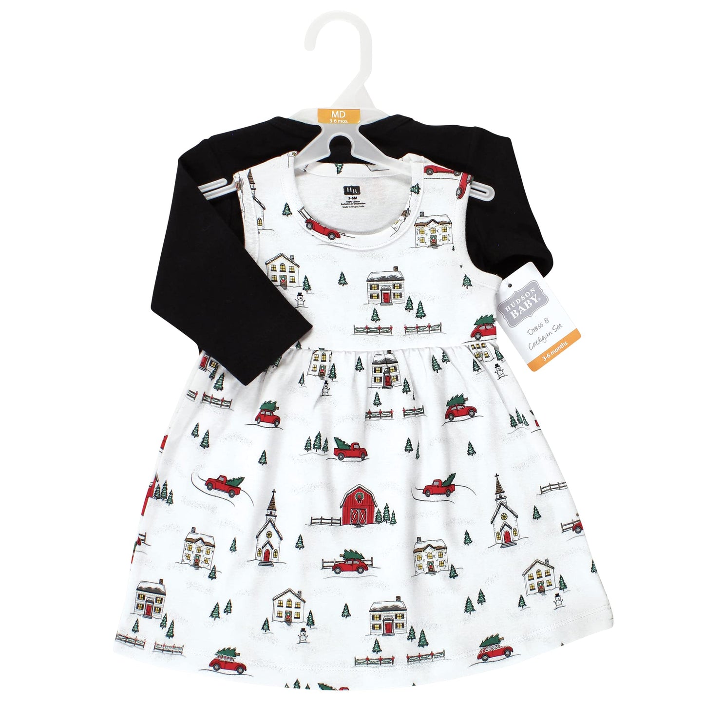 Hudson Baby Baby Girls' Cotton Dress And Cardigan Set, Christmas Scene, 6-9 Months