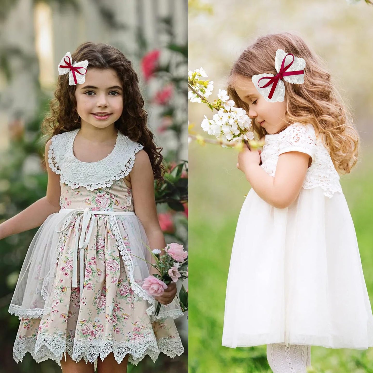 Lmymhmlm 2Pcs Lace Hair Bows For Girls, White Lace With Burgundy Hair Ribbons, Alligator Bow Hair Clips, Handmade Hair Accessori