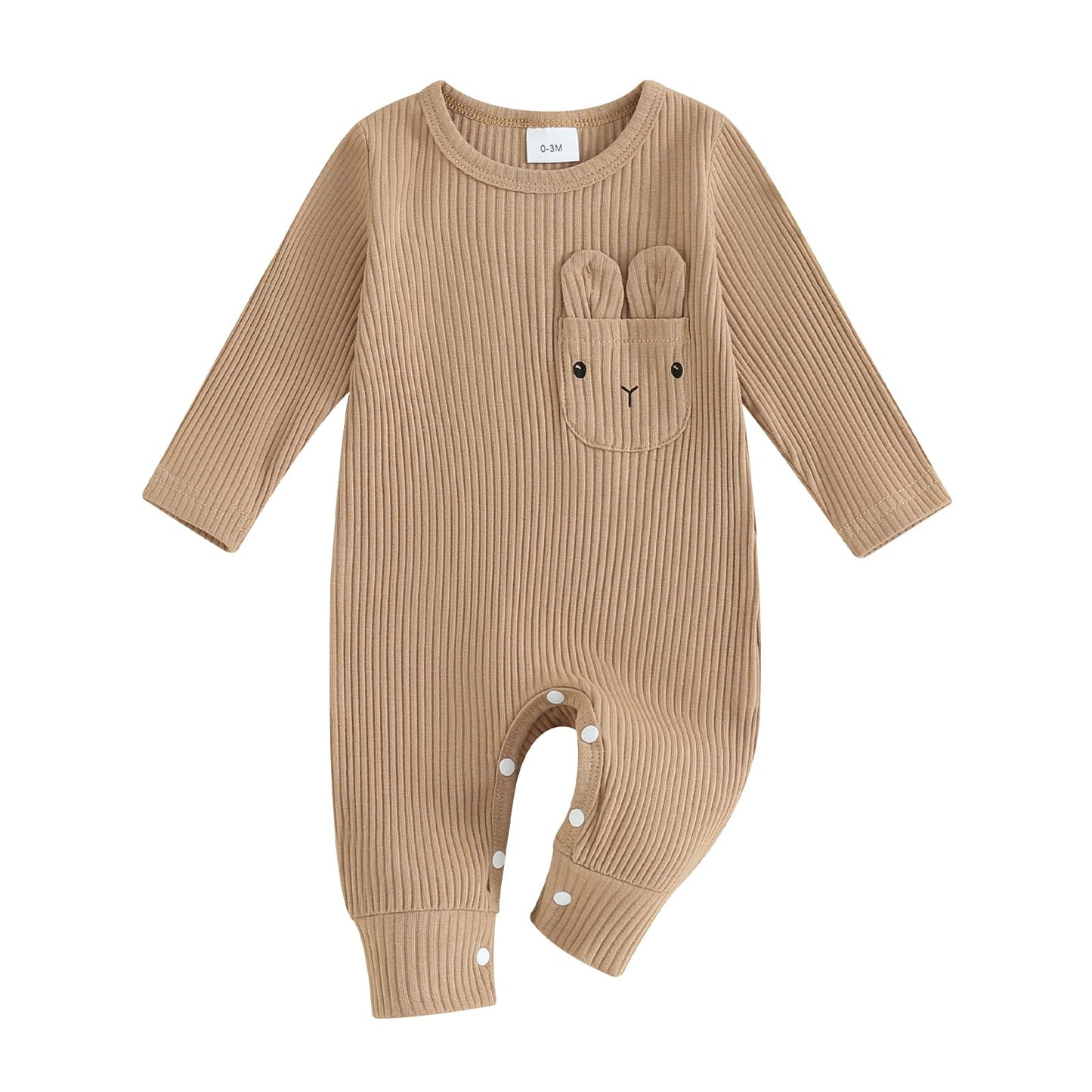 Newborn Baby Boy Easter Outfit Knit Ribbed Bunny Rabbit Skin Ear Pocket Romper Jumpsuit Infant One Piece Clothes (Khaki Long Sle
