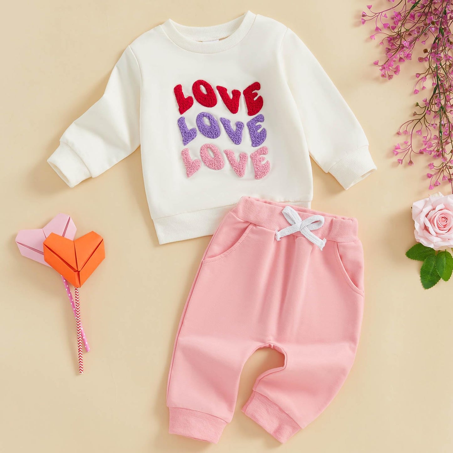 Focusnorm Toddler Baby Girl Valentine'S Day Outfits Letter Embroidery Sweatshirt Elastic Pants Sets Newborn Infant Clothes (Cute
